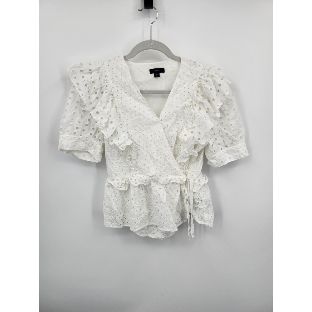 J.Crew Eyelet Wrap Top Women Medium White Excellent Ruffle Peplum AW838